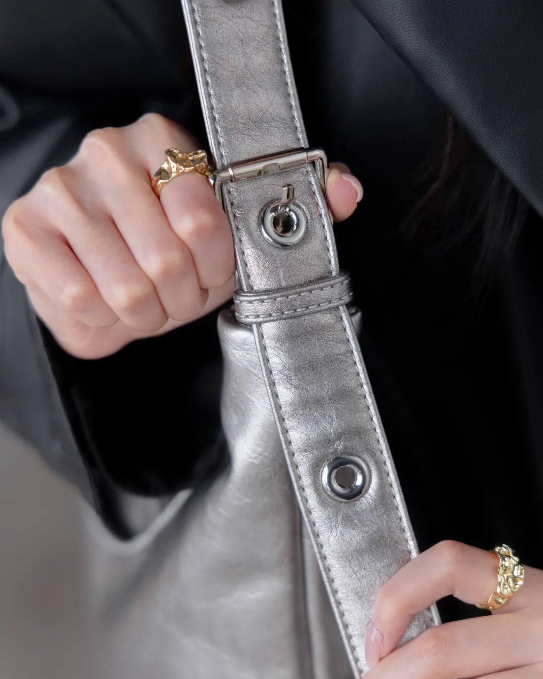 SIGNATURE POCKET LEATHER HOBO BAG IN NICKEL TSL Singapore