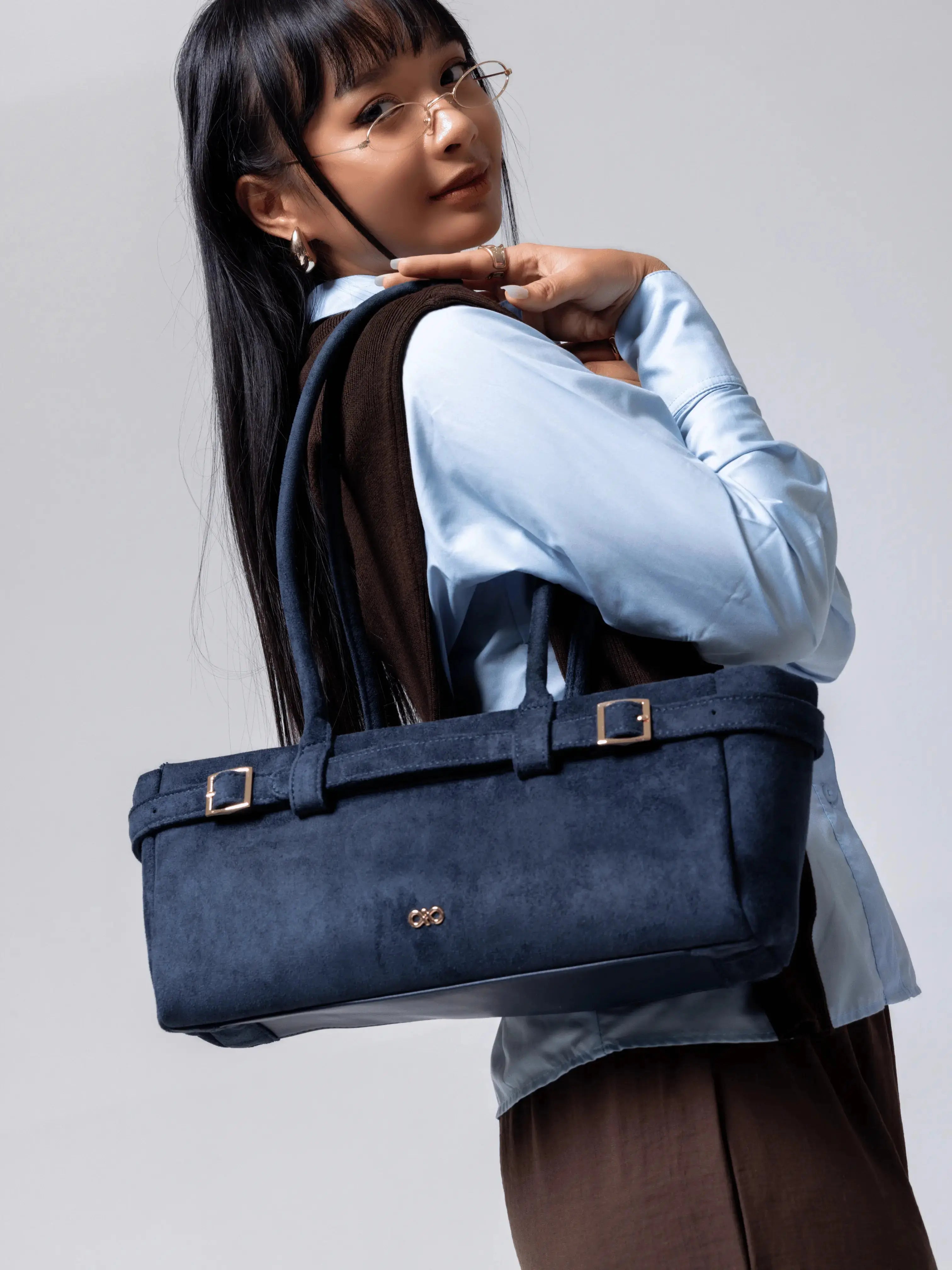 VALENTINA SUEDE BAGUETTE BAG IN PRUSSIAN BLUE TSL Singapore