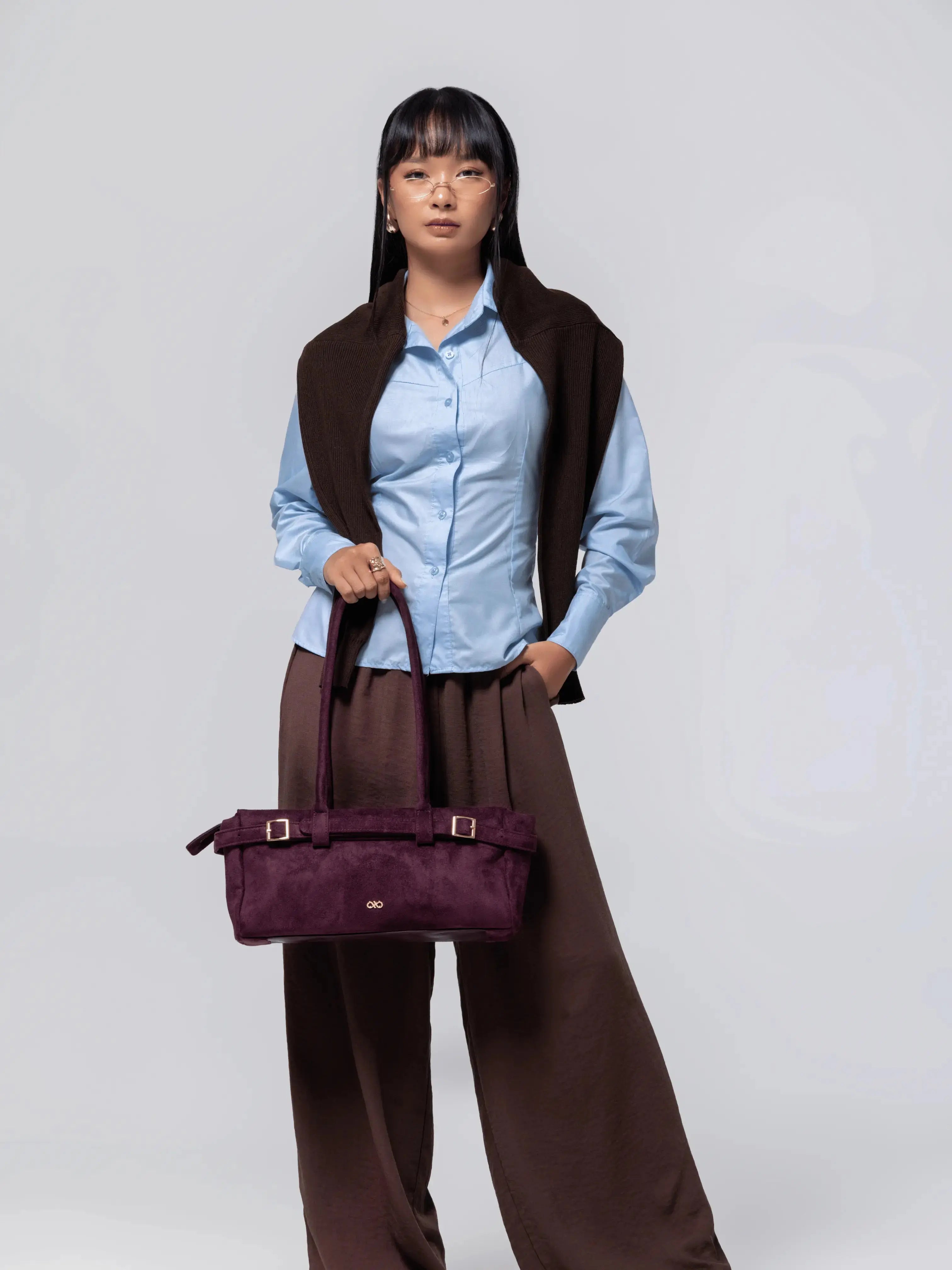 VALENTINA SUEDE BAGUETTE BAG IN BURGUNDY TSL Singapore