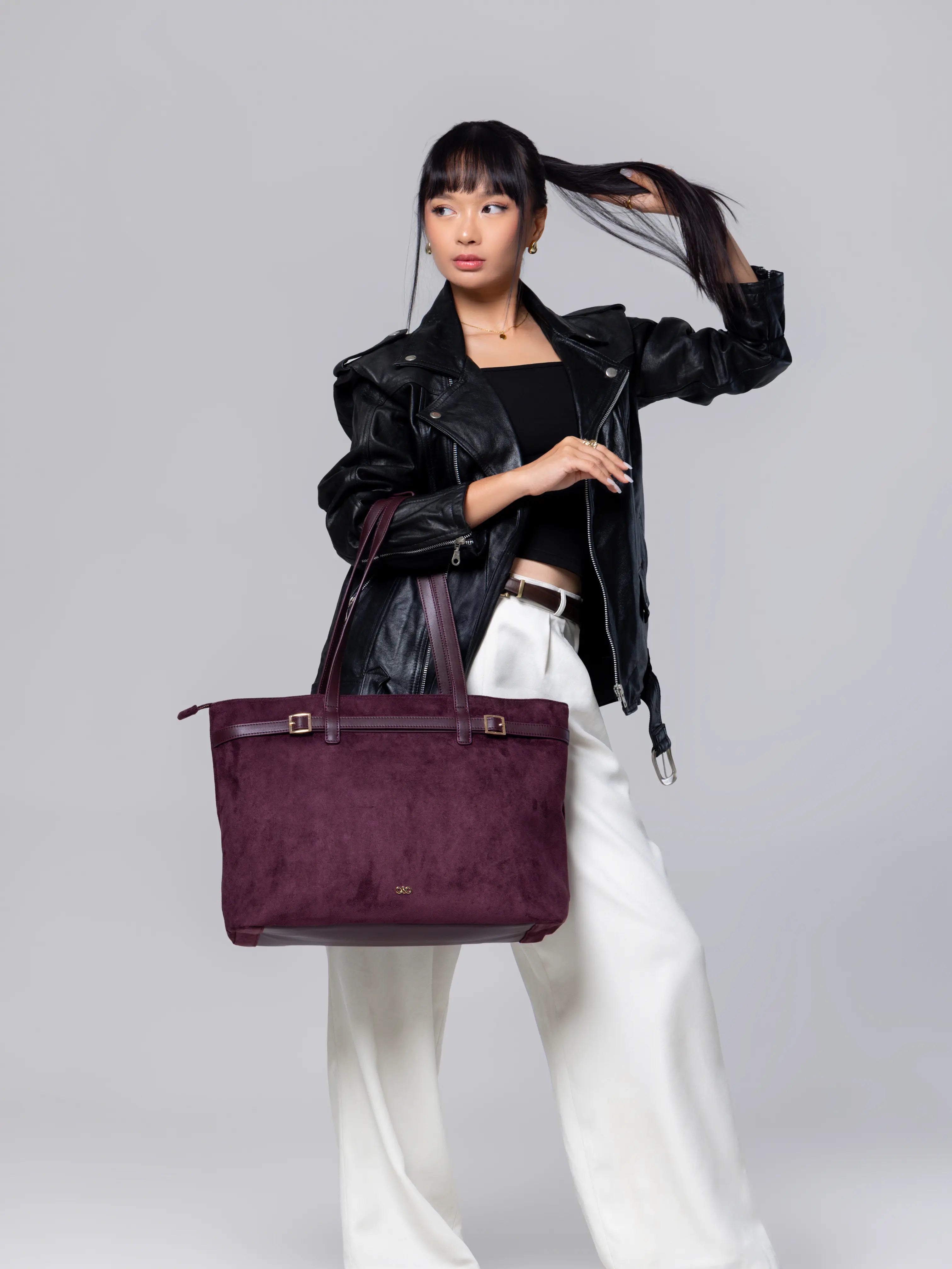 VALENTINA SUEDE TOTE BAG IN BURGUNDY TSL Singapore