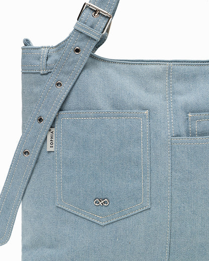 SIGNATURE POCKET DENIM TOTE BAG IN MID WASH DENIM